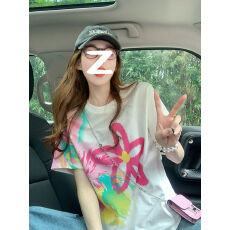 批发220g纯棉 +后包领 小香风印花渐变涂鸦<b class='q'>花朵</b>短袖t恤女正肩潮