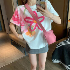 批发220g纯棉 +后包领 小香风印花渐变涂鸦<b class='q'>花朵</b>短袖t恤女正肩潮