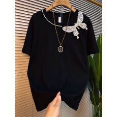 批发实价 220克纯棉+后包领 欧货重工钉珠蝴蝶短袖t恤宽松<b class='q'>胖妹妹</b>大码