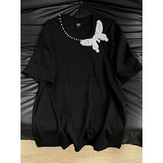 批发实拍 实价 220克纯棉+后包领 欧货重工钉珠蝴蝶短袖<b class='q'>胖妹妹</b>大码女