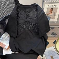 批发实价 220克纯棉 +后包边 <b class='q'>中国风</b>醒狮前后刺绣短袖T恤女夏季新中式