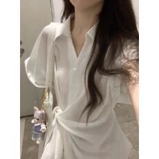 批发实价 原版做工 不规则绑带<b class='q'>白色</b>夏季短袖<b class='q'>衬衫</b>设计收腰显瘦<b class='q'>衬衣</b>上衣
