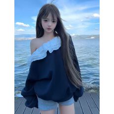 批发实价 <b class='q'>纯棉</b>华棉薄款320g 拼接4层蕾丝花边斜肩卫衣女