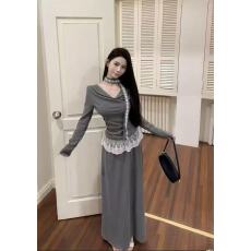 批发新款假两件配飘带荡领拼接蕾丝花边长袖<b class='q'>T</b><b class='q'>恤</b>+松紧腰显瘦半身裙套装