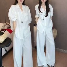 批发新款韩版时尚<b class='q'>宽松</b>显瘦白色翻领麻料长袖衬衫+松紧腰阔腿<b class='q'>裤</b><b class='q'>套装</b>