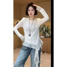 批发新款韩版时尚百搭显瘦飘带拼接不规则<b class='q'>网纱</b>T恤