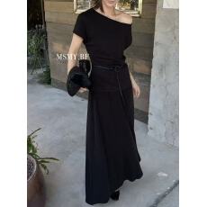 批发新款简约风时尚休闲气质显瘦斜肩短袖上衣+松紧腰<b class='q'>半身</b>裙套装