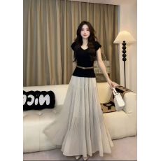 批发新款法式气质修身短袖针织上衣+松紧腰褶皱<b class='q'>半身</b>裙+腰带3件套