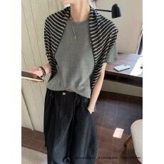 批发新款学院风条纹披肩+下摆别致设计感短款显瘦T恤