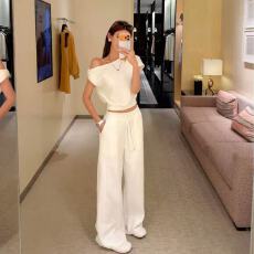 批发新款韩版时尚斜领露肩华夫格短袖T恤+松紧腰直筒阔腿裤<b class='q'>套装</b>