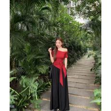 批发新款韩系气质显瘦设计感露肩绑带上衣+松紧腰休闲长<b class='q'>裤</b>套装