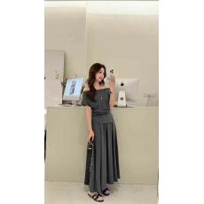 批发新款时尚纯色一<b class='q'>字</b>肩不规则收腰<b class='q'>T</b>恤+松紧腰半身裙+项链3件套