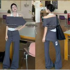 批发新款美式复古显瘦拼接撞色假两件<b class='q'>T</b>恤+屁帘排扣休闲<b class='q'>裤</b>套装