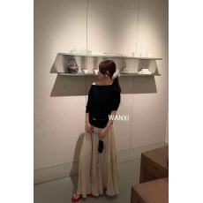 批发新款法式气质修身斜肩针织上衣+松紧腰褶皱半身裙+腰带3件套