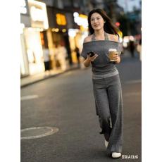 批发新款韩系时尚宽松假两件挂脖条纹上衣+松紧腰直筒阔腿<b class='q'>裤</b><b class='q'>套装</b>