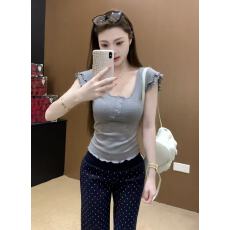 批发新款高级感修身显瘦百搭U领小飞袖+高腰波点休闲<b class='q'>裤</b>两件套