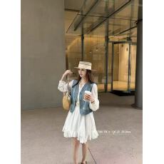 批发新款单穿重工刺绣V领单排扣<b class='q'>牛仔</b>马甲+蕾丝花边<b class='q'>连衣裙</b>两件套