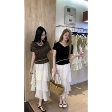 批发新款韩系时尚不规则荡领短袖上衣+松紧腰<b class='q'>半身裙</b>+腰带3件套