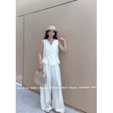 批发新款韩版时尚<b class='q'>气质</b>百搭显瘦无袖拼接马甲+松紧腰阔腿<b class='q'>裤</b><b class='q'>两件套</b>