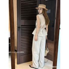 新款时尚简约工装风无袖麻色马甲+松紧腰休闲裤+腰带3件套