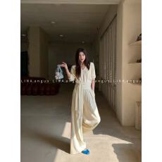 批发新款时尚简约<b class='q'>气质</b>时尚绑带收腰显瘦上衣+松紧腰阔腿<b class='q'>裤</b><b class='q'>套装</b>