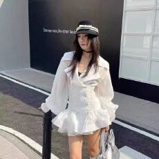 批发新款时髦气质翻领双排扣收腰喇叭袖<b class='q'>连衣</b>裙+<b class='q'>裙裤</b>两件套