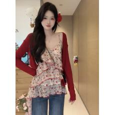 批发新款韩系复古红色<b class='q'>开衫</b>+<b class='q'>不规则</b>荷叶边碎花吊带两件套