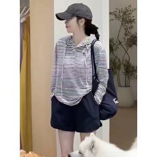 批发新款韩版时尚薄款刺绣连帽防晒罩衫+松紧腰短裤套装