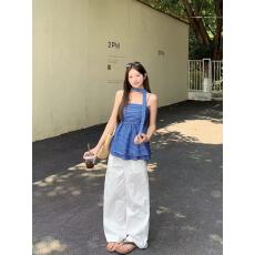 新款甜辣妹风格子褶皱收腰吊带背心+飘带+松紧腰休闲裤套装