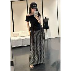 批发新款韩系<b class='q'>时尚</b>简约慵懒风绑带收腰上衣+松紧腰条纹半身裙套装