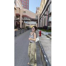 批发新款韩式撞色条纹<b class='q'>胸</b>垫吊带上衣+高腰工装休闲裤+腰带3件套