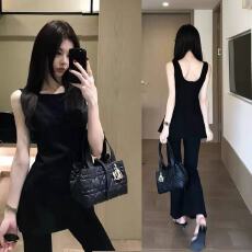 批发新款韩版时尚收腰露背<b class='q'>中长款</b>无袖上衣+松紧腰微喇九分<b class='q'>裤</b>套<b class='q'>装</b>