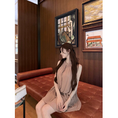 批发韩雨嘉【弗洛伊德】肉桂色 拼接荷叶边法式浪漫背心<b class='q'>连衣裙</b>