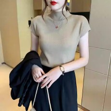 批发大码半高领短袖<b class='q'>t</b><b class='q'>恤</b>女针织打底衫内搭外穿正肩中领冰丝上衣胖mm夏