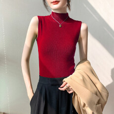 批发半高领无袖背心女红色打底<b class='q'>衫</b>灰色西装内搭坎肩修身显瘦中领针织<b class='q'>衫</b>