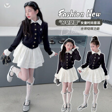 批发女<b class='q'>童</b><b class='q'>小香风</b><b class='q'>春装</b>2026新款拼接polo领上衣蛋糕<b class='q'>裙</b>两件套中大<b class='q'>童</b>公主<b class='q'>裙</b>