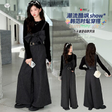 批发女<b class='q'>童</b><b class='q'>韩</b>系春<b class='q'>装</b>2026年新款中大<b class='q'>童</b>纯色打底衫蝴蝶结背带裤两件套春秋