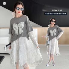 女童春夏套装2026新款甜美中大童网袖拼接T恤蕾丝花边半身裙两件