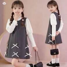 女童韩系套装2026年新款中大童珍珠打底衫蝴蝶结背心裙两件套春装