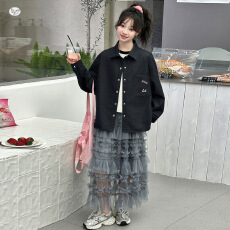 女童套装春秋2026年新款网纱蛋糕裙刺绣衬衫两件套中大童休闲春装