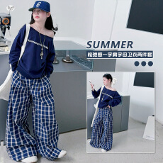 批发<b class='q'>女</b><b class='q'>童</b>春夏套装2026新款斜肩字母卫衣格子裤两件套中大童街舞演出服