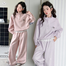 批发女童韩范运动服套装2026春新款中大童半拉链<b class='q'>卫衣</b>花边卫裤春装两件