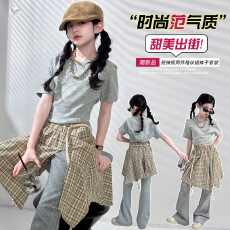 批发<b class='q'>女童</b>夏<b class='q'>季</b>套装2026新款修身T恤格子屁帘<b class='q'>裙裤</b>两件套中大童韩系夏装