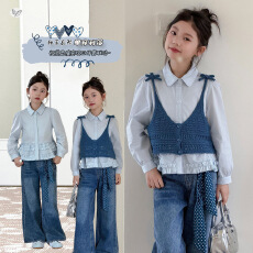 批发女<b class='q'>童</b><b class='q'>韩</b>系马甲<b class='q'>套</b>装2026年春季新款中<b class='q'>大</b><b class='q'>童</b>早春花边衬衫<b class='q'>牛仔裤</b>三件套