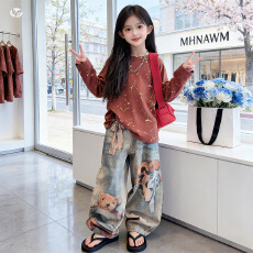 批发<b class='q'>女童</b>卡通<b class='q'>套装</b>2026年春季新款数码小熊印花阔腿裤两件套中大童时髦