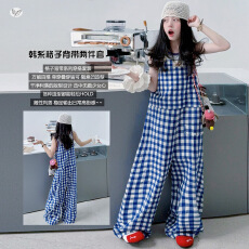 女童无袖套装2026年夏季新款中大童背心正反两穿格子背带裤两件套