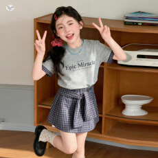 批发<b class='q'>女童</b>韩系<b class='q'>套装</b>2026夏季新款中大童字母撞色<b class='q'>T</b><b class='q'>恤</b>格子短裙夏装两件套