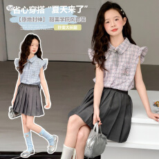 批发<b class='q'>女</b><b class='q'>童</b>夏装2026年新款小飞袖格子衬衫百褶裙两件套中<b class='q'>大</b>童学院风套装