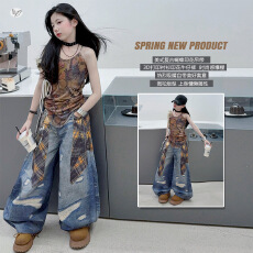 批发<b class='q'>女</b><b class='q'>童</b>美式辣妹套装2026年夏季新款中<b class='q'>大</b>童蝴蝶吊带印花格子牛仔裤潮