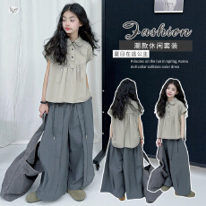 批发女童棉布套装2026年<b class='q'>夏</b>季新款中大儿童娃娃领T恤阔腿裤两件套休闲